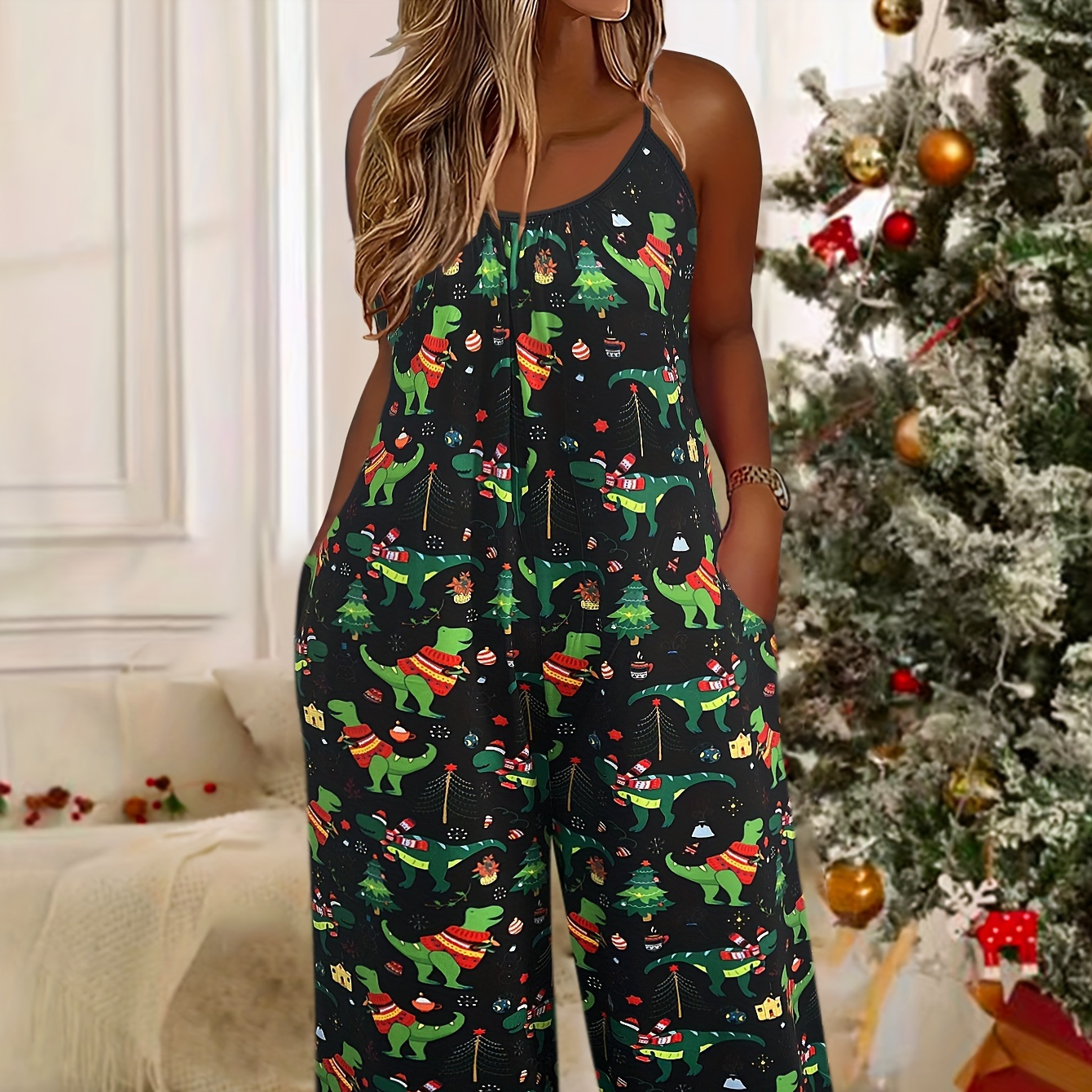 

Women's Plus Size Christmas Print Jumpsuit, Casual Round Neck, Knit Fabric, Sleeveless Spaghetti Strap, Wide Leg Pants With Pockets, Polyester,