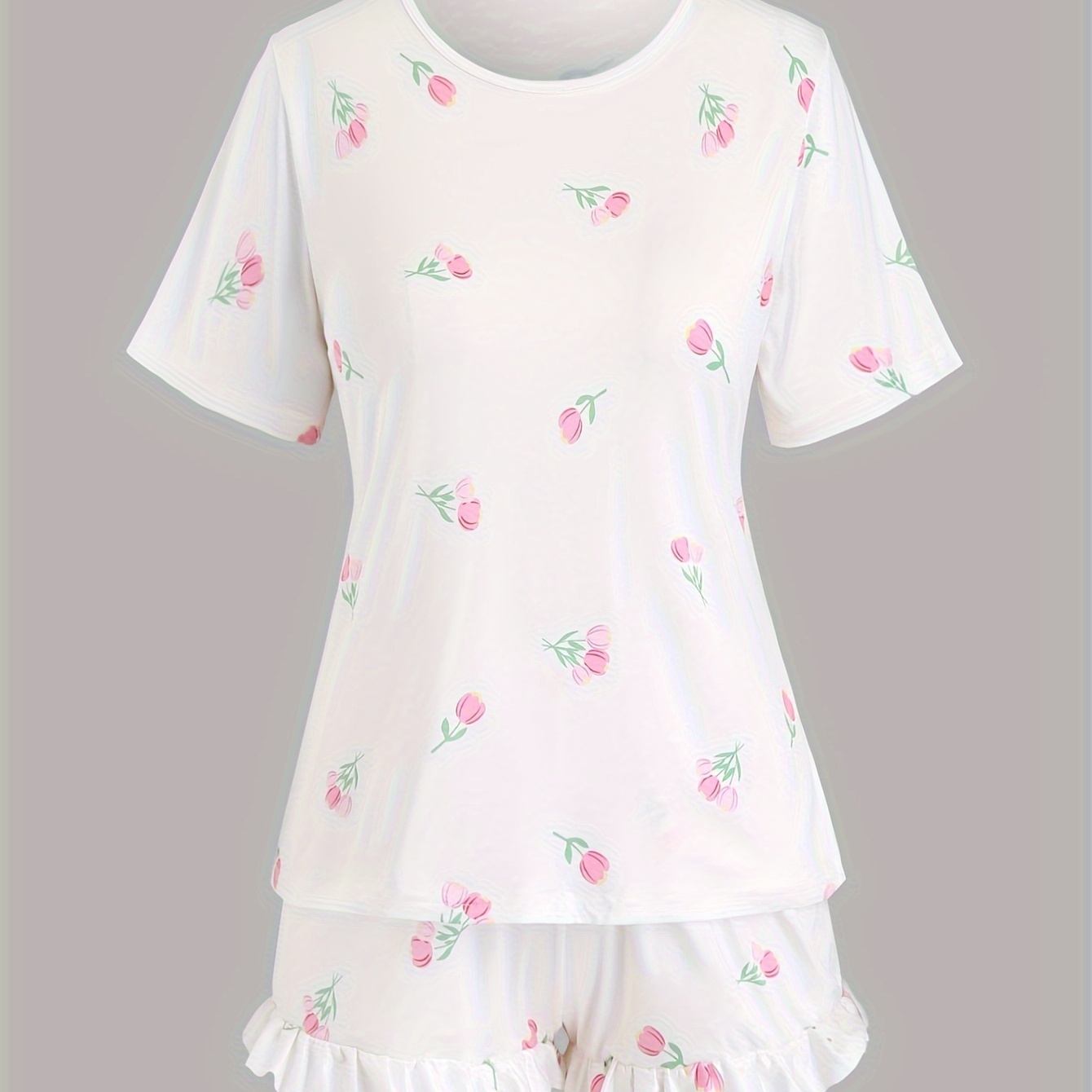 

Plus Size Cute Pajamas Set, Women's Plus Tulip Print Short Sleeve Round Neck Tee & Ruffle Hem Shorts Home Wear 2 Piece Set