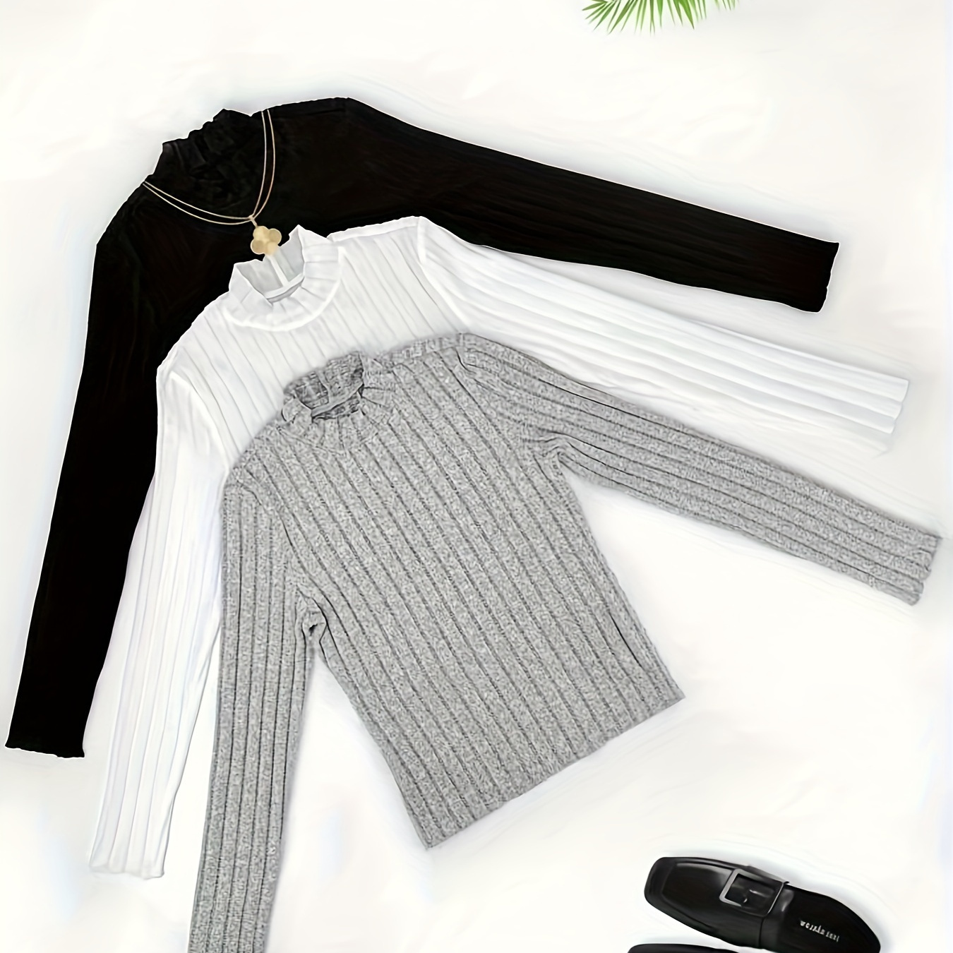 

3pcs Elegant Ribbed Knit Long Sleeve T-shirts - Mock Neck, Stretchy Polyester , Machine Washable In Black, White & Gray - All