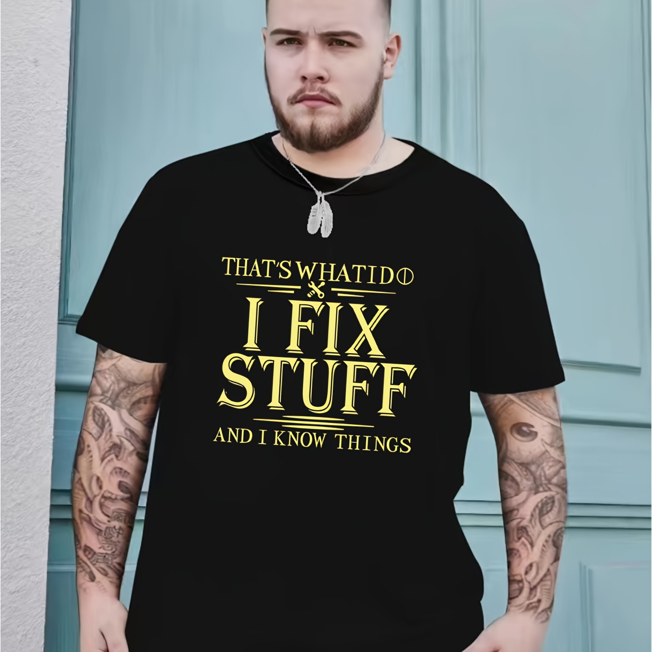 

Plus Size Men's I Fix Stuff Letter Print T-shirt, Comfy Stretchable Casual Crew Neck Tops, Men's Clothing
