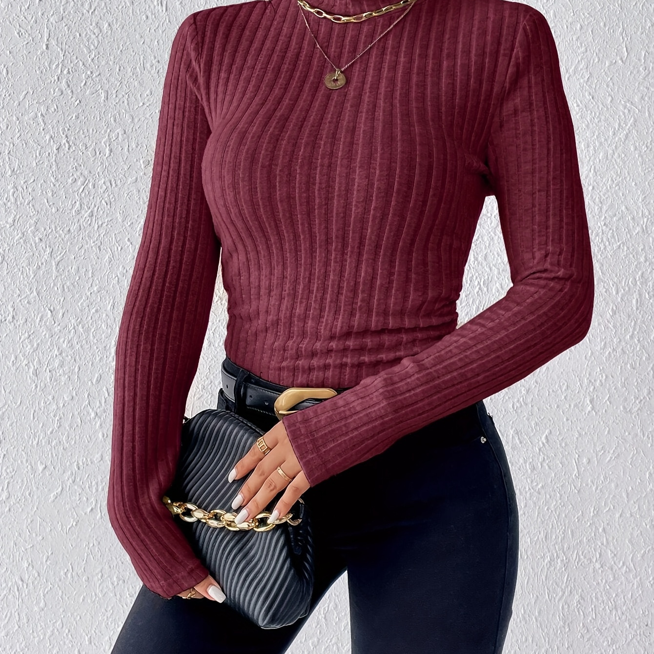 

Top Élégant à Col Roulé Marron - Chic à Manches Longues, Coupe Slim, Mélange de Polyester et Spandex, Lavable en Machine pour Femme - pour /Hiver