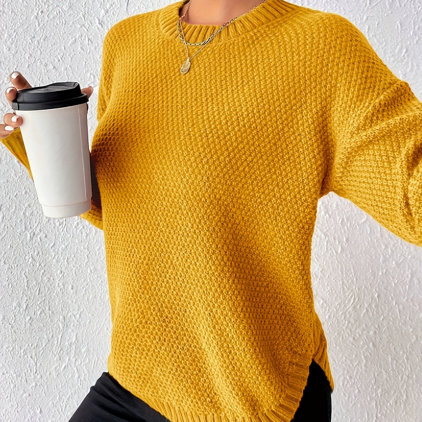 

Solid Color Crew Neck Knitted Sweater, Elegant Long Sleeve Curved Hem Pullover Sweater For Fall & Winter, Women's Clothing