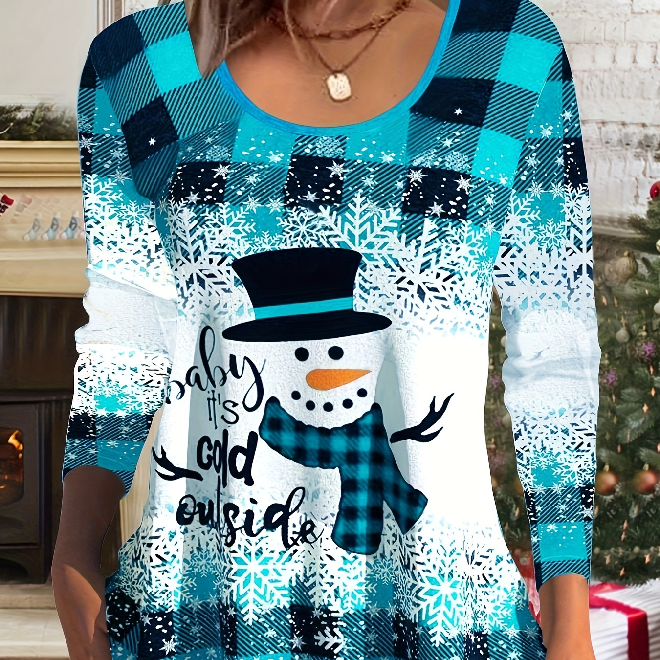 

Plus Size Christmas Casual T-shirt, Women's Plus Colorblock Gingham & Snowman & Slogan Print Long Sleeve Round Neck Slight Stretch T-shirt