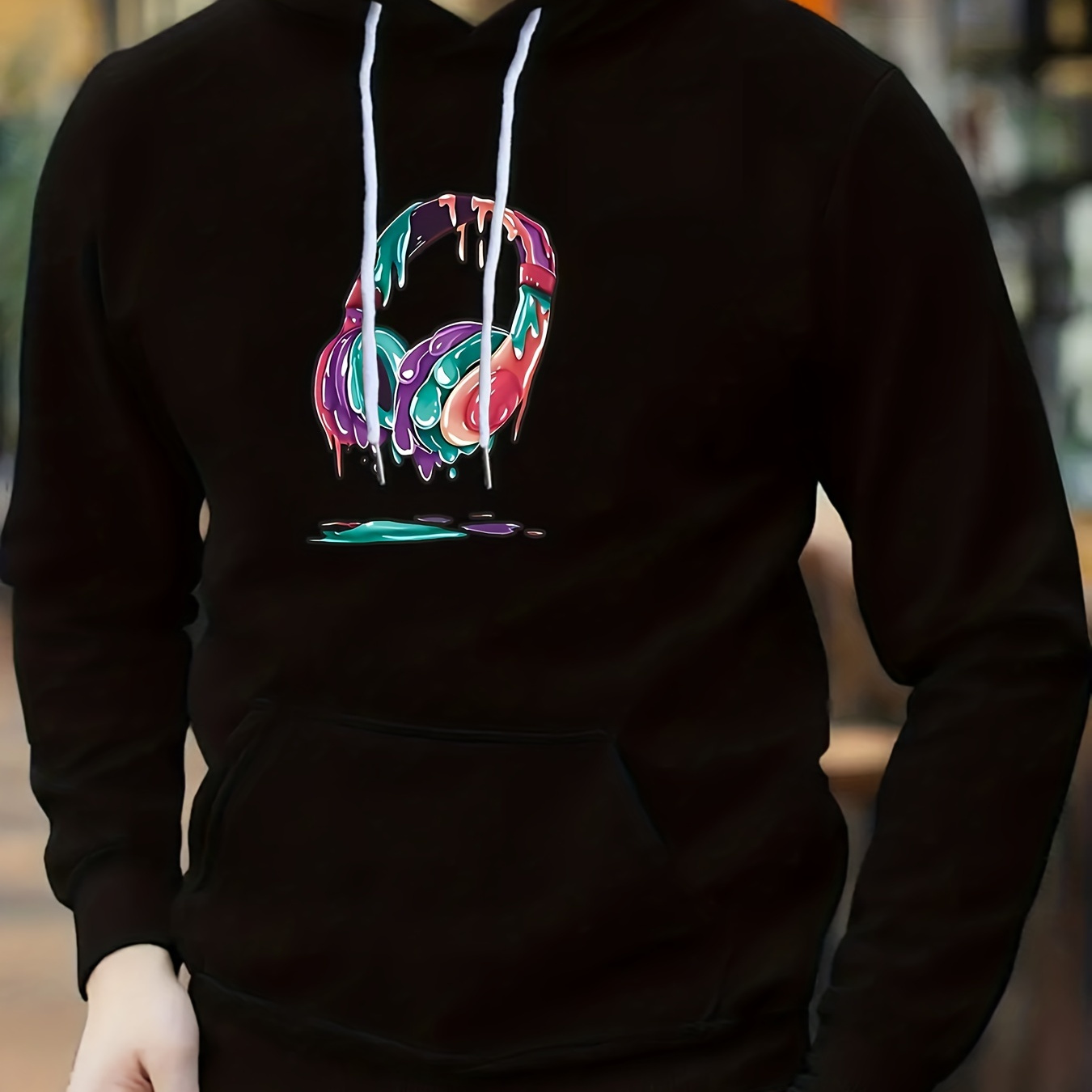 

Headphone Print Hoodie, Cool Hoodies For Men, Men's Casual Graphic Design Pullover Hooded Sweatshirt With Kangaroo Pocket Streetwear For Winter Fall, As Gifts