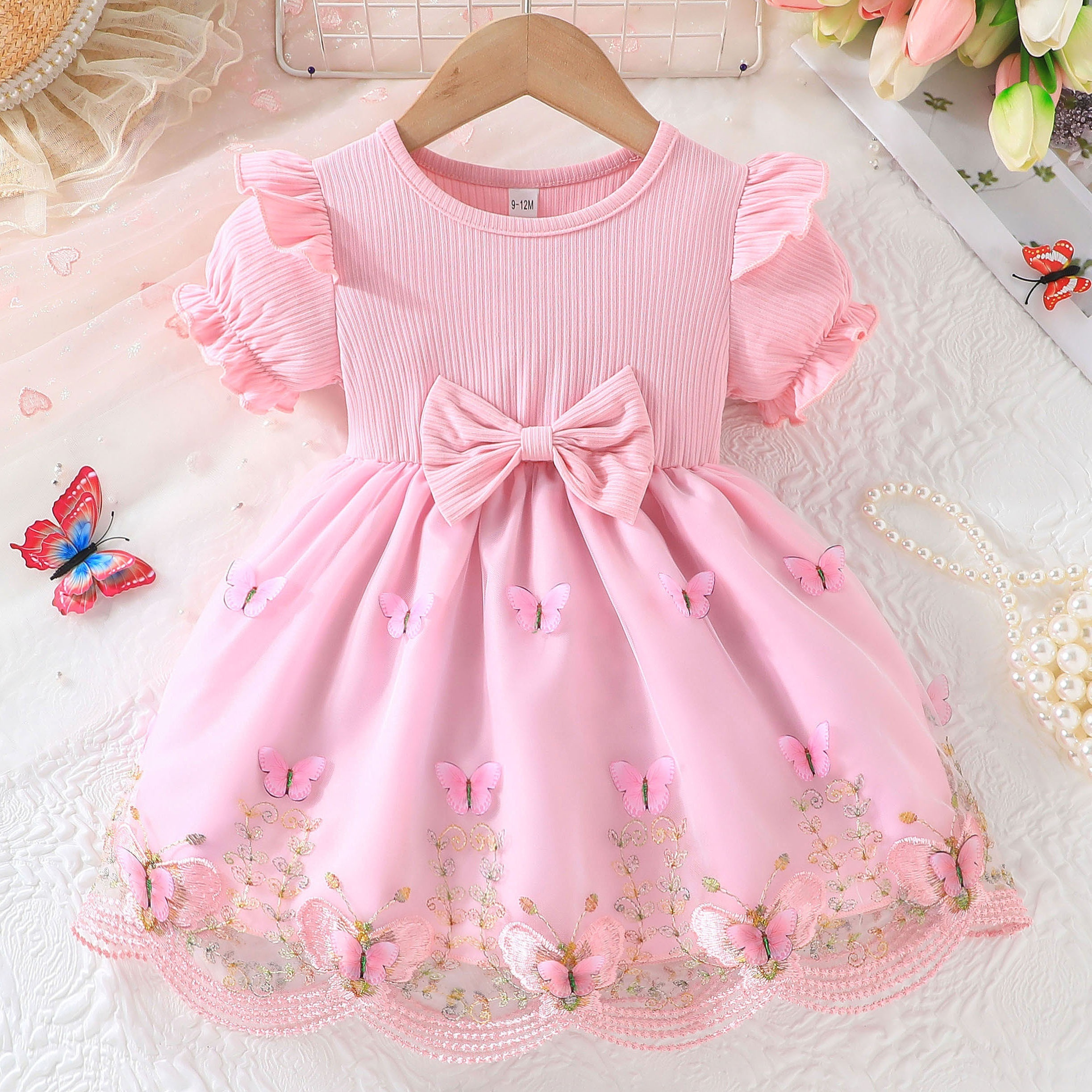 

Baby's Elegant Butterfly Embroidered Mesh Splicing Puff Sleeve Dress, Infant & Toddler Girl's Clothing For Summer/spring, As Gift