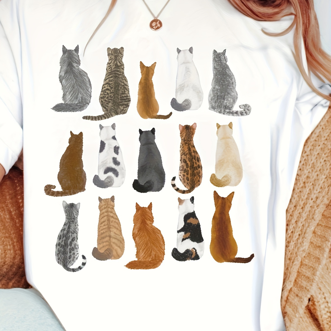 

Cute Cat Print Crew Neck T-shirt, Casual Short Sleeve T-shirt For Spring & Summer, Women's Clothing