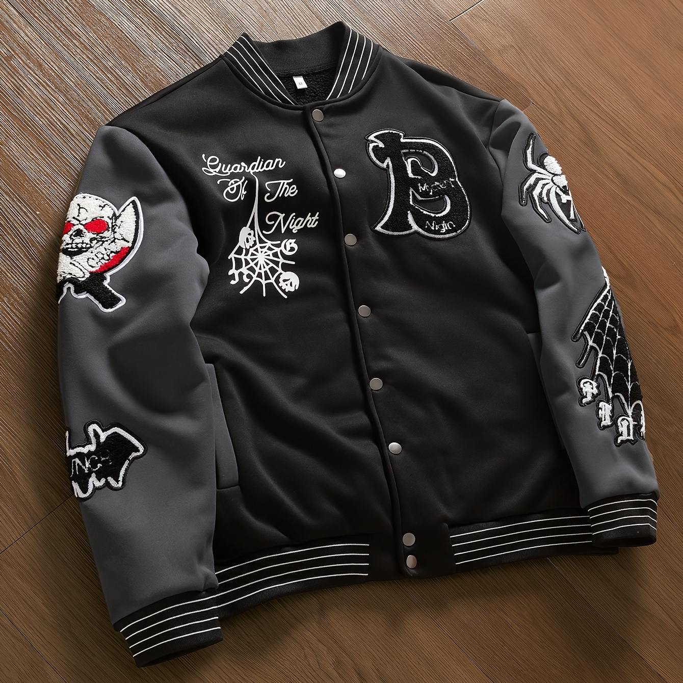 

Halloween Party Baseball Jacket - Casual Streetwear With 3d Bat & Spider Web Embroidery, Button-up Varsity Style For Men And Women