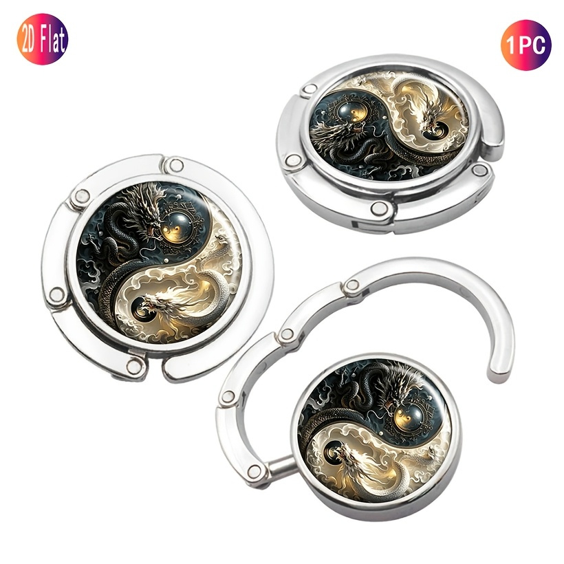 2d Flat - Flat 2d Purse Holder For Tables - Handbag Hook - Collapsible Bag Hanger - Travel-friendly Table Bag Support - Yin Yang Dragon Design