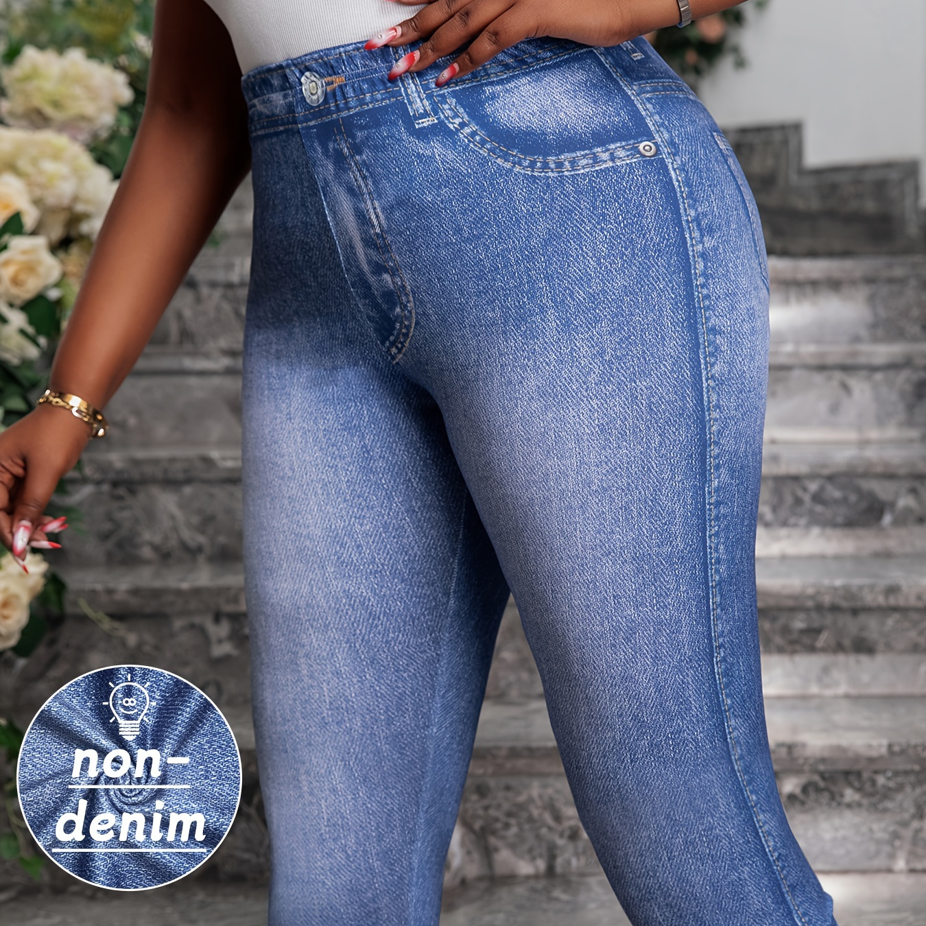 

Leggings Capri imprimés sur toute la surface, taille haute décontractée en faux denim pour le printemps et l'été, vêtements grande taille pour femmes