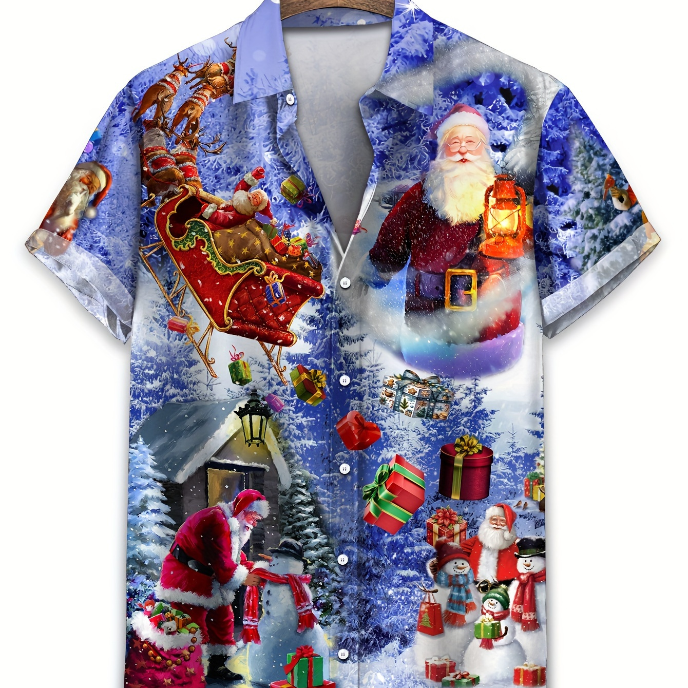 

Men's Plus Size Santa Claus Hawaiian Shirt - Casual, Short Sleeve, Button-up With Chest Pocket | Machine Washable Polyester Fabric For Spring/summer/fall, Plus Size