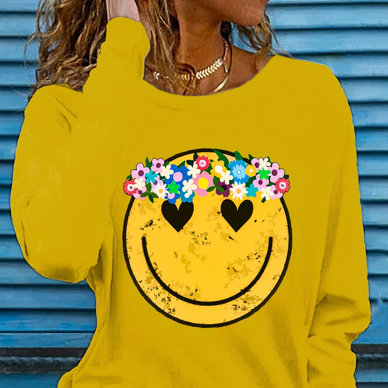 

Women's Floral Graphic Long Sleeve T-shirt, Polyester Crew Neck Casual Top, Skinny Pullover For Spring & Fall