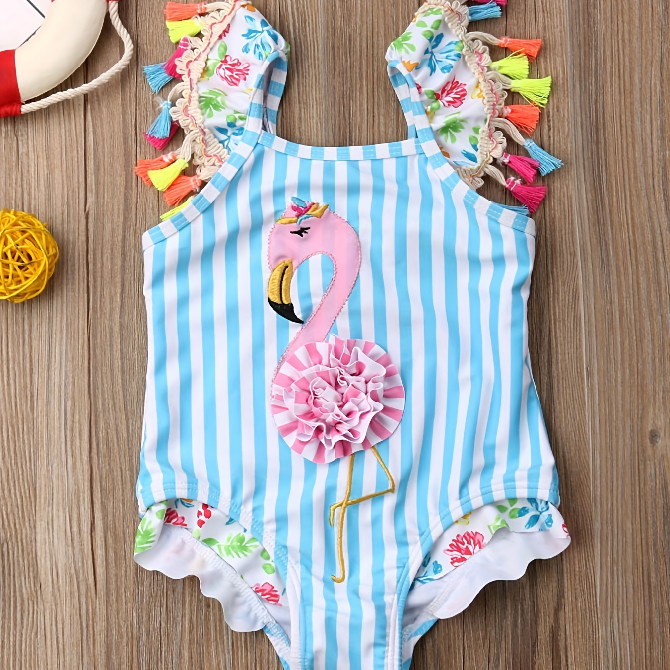 Toddler Girls Flamingo Embroidery Stripe Ruffle Trim Tassel One Piece Swimsuit Kids Summer Beach Clothes Bathing Suits