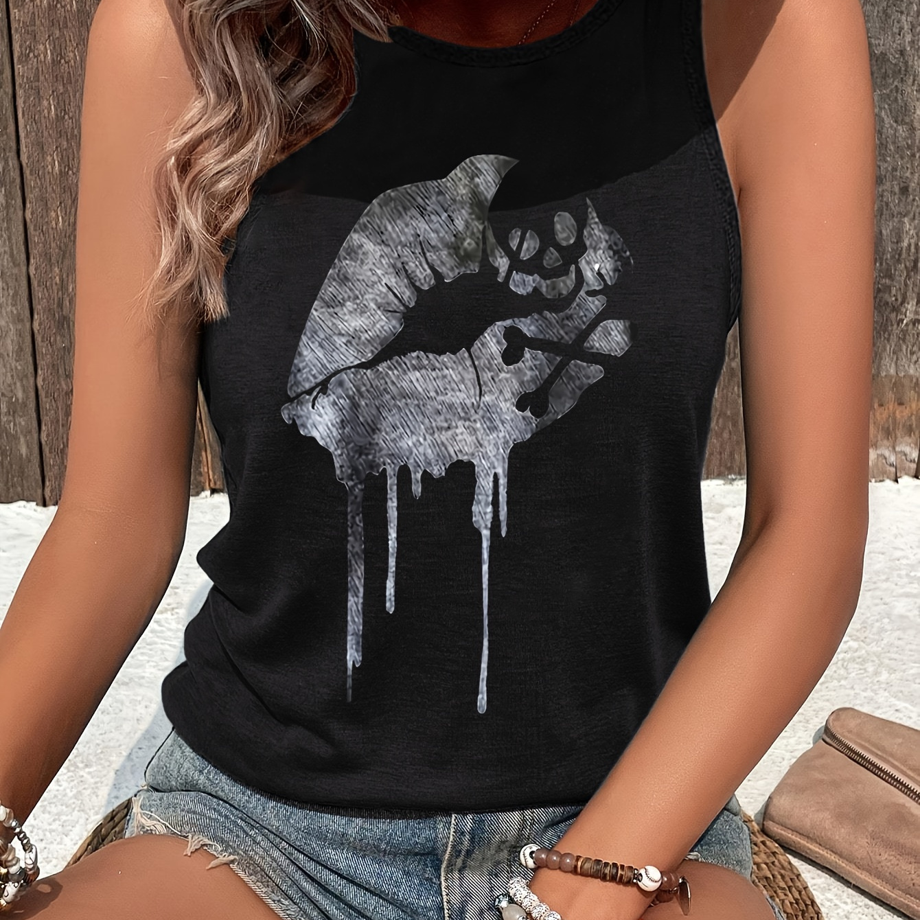 

Lip Print Crew Neck Tank Top, Sleeveless Casual Top For Summer & Spring, Women's Clothing