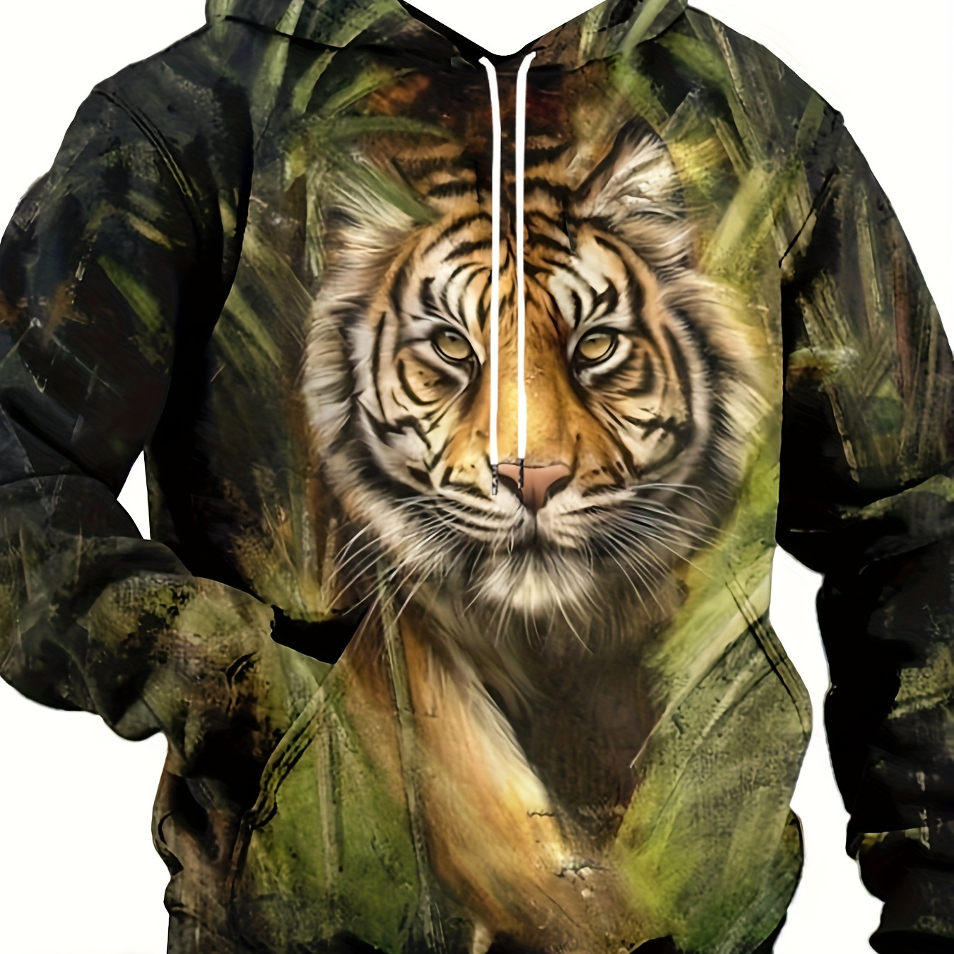 

Plus Size Men's Hoodie With Tiger Print - Casual & Sporty, Polyester, Machine Washable, - With Pockets, Plus Size Hoodie, Plus Size