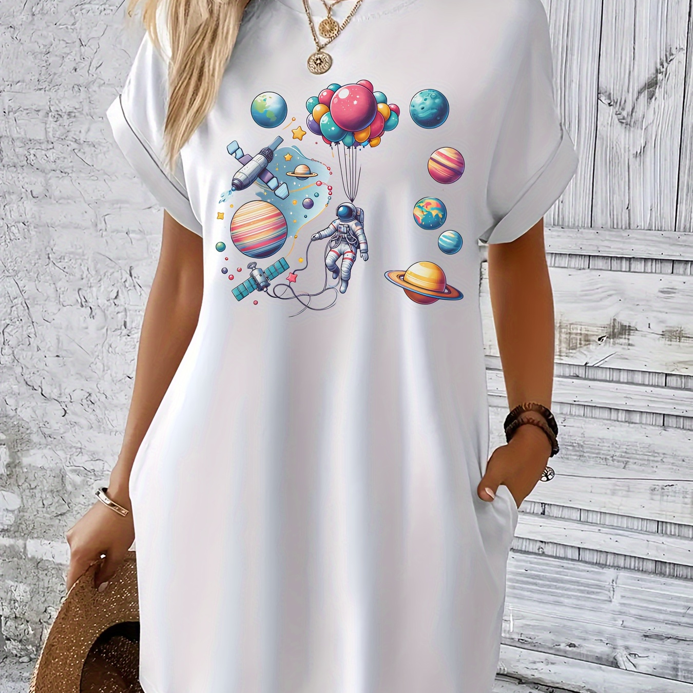 

Universe Astronaut Print Tee Dress, Short Sleeve Crew Neck Casual Dress For Summer & Spring, Women's Clothing
