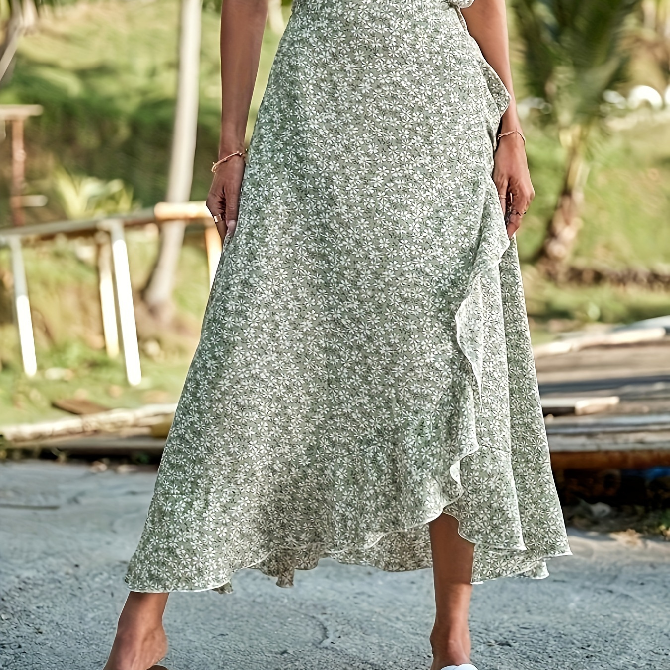 

Floral Print Ruffle Hem Skirt, Elegant High Waist Knot Asymmetrical Skirt For Spring & Summer, Women's Clothing