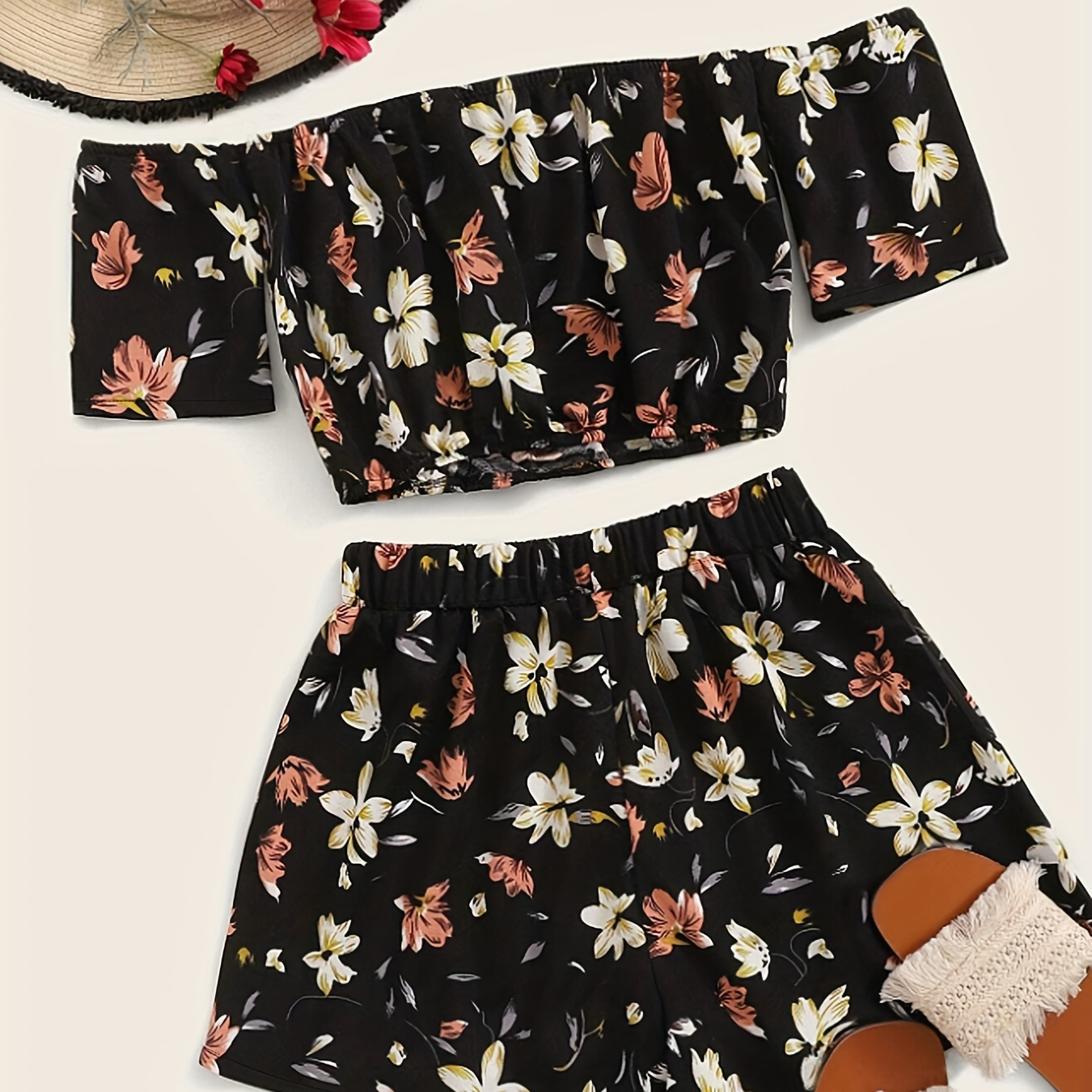 

Floral Print Elegant Shorts Set, Off Shoulder Short Sleeve Top & Elastic Waist Shorts Outfits, Women's Clothing