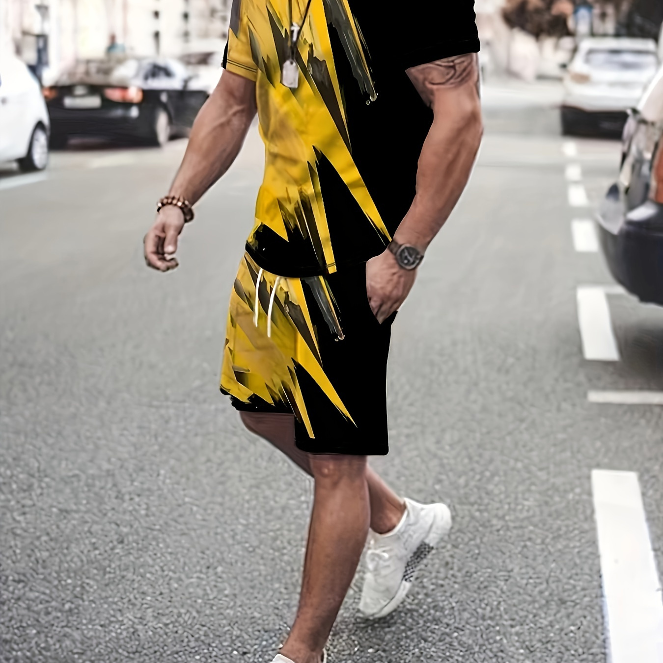 Street Style Men's 2Pcs, Trendy T-shirt And Loose Drawstring Shorts