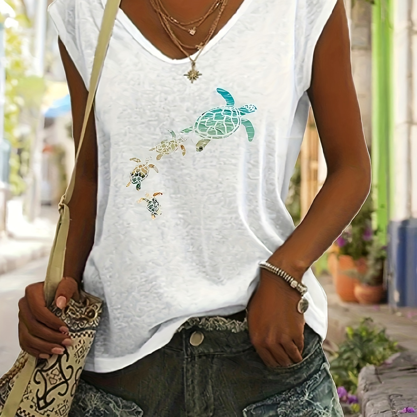 

Turtle Print V Neck T-shirt, Casual Cap Sleeve T-shirt For Spring & Summer, Women's Clothing
