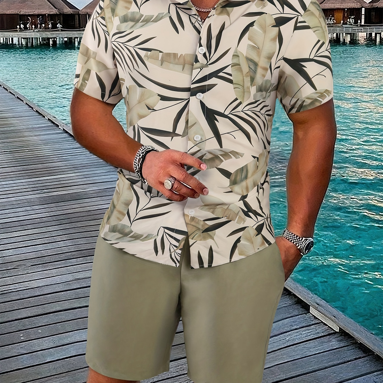 

Men's Outfit, Casual Leaves Print Lapel Short Sleeve Button Up Shirt & Shorts 2-piece Set For Summer Outdoor Activities