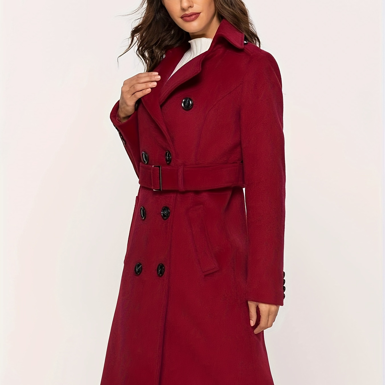 

Solid Button Front Trench Coat, Elegant Long Sleeve Lapel Collar Slant Pocket Coat For Fall & Winter, Women's Clothing