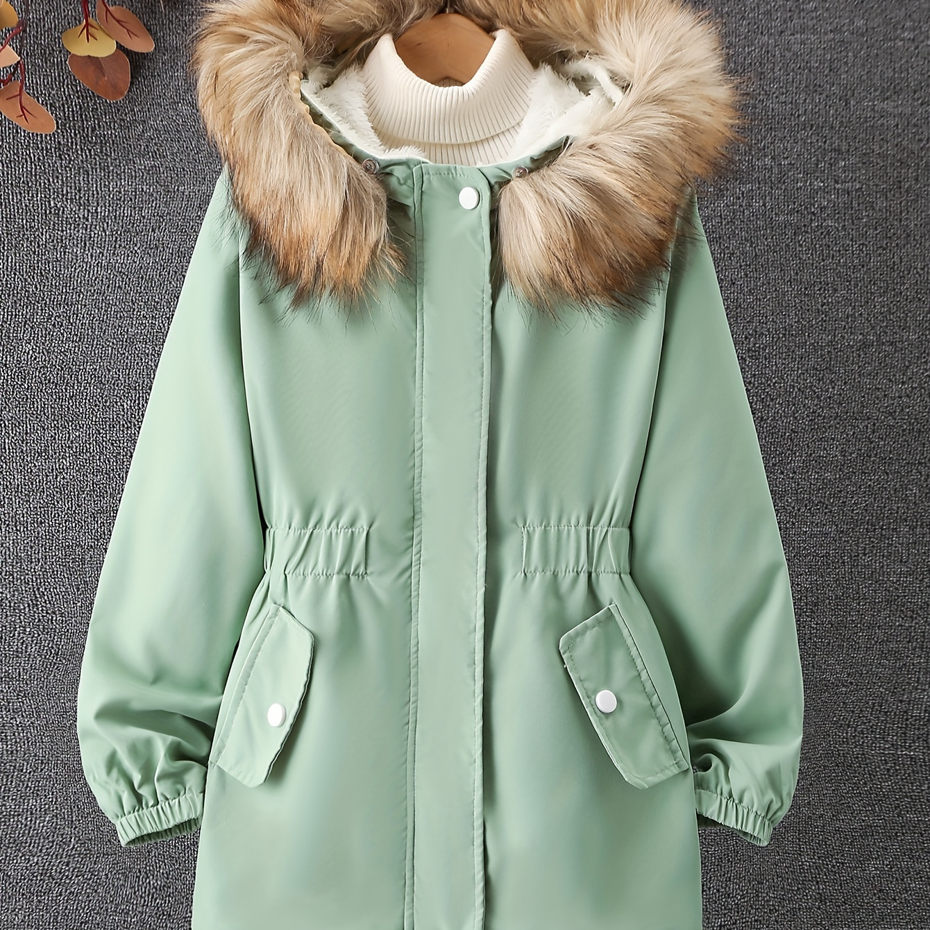 

Girls Drawstring Waist Winter Fleece Hooded Jacket Coat Casual Outdoor Warm Parka With Pockets
