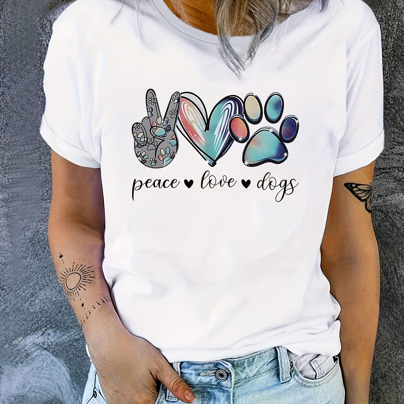 

Women's Graphic Tee - "peace Love Dogs" Print | Casual Comfort Fit Round Neck Short Sleeve T-shirt | Relaxed Fit | Fashionable Lettering/typography Design | Ideal For Dog Lovers