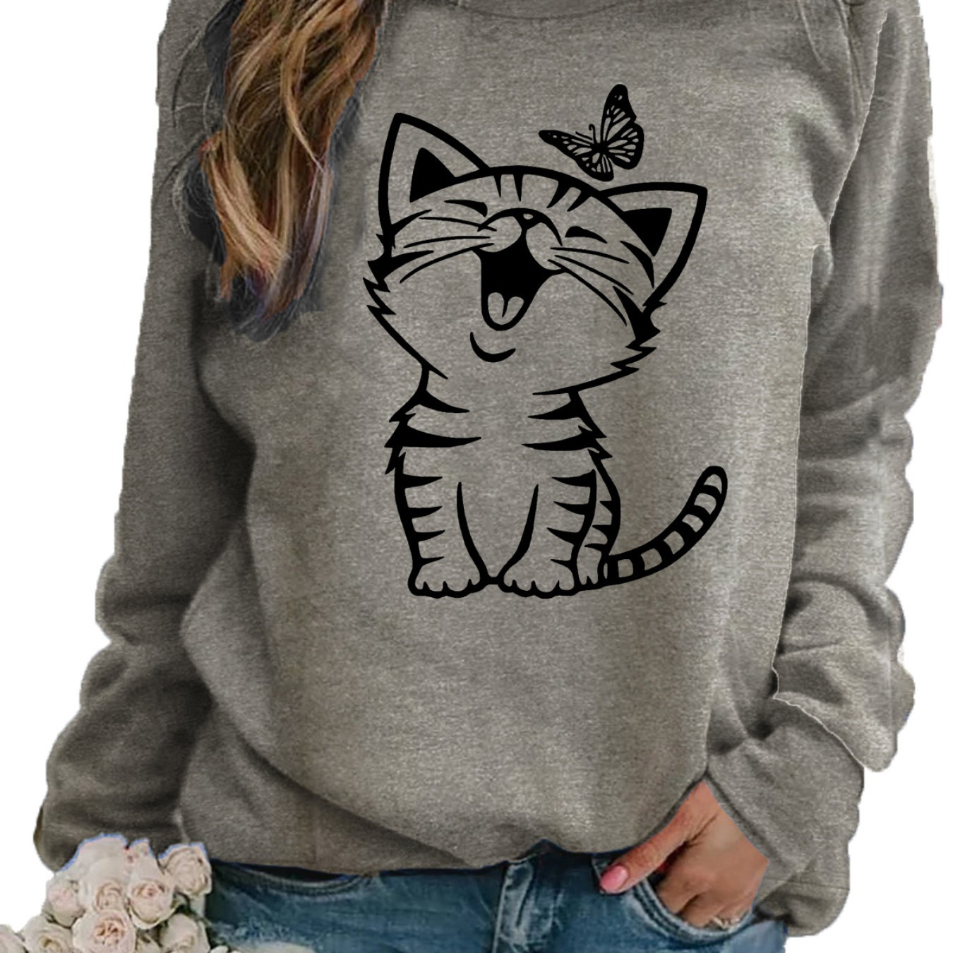 

Cat Print Sweatshirt, Crew Neck Casual Sweatshirt For Fall & Spring, Women's Clothing