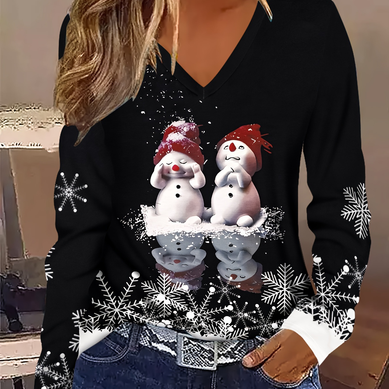 

Women's Christmas Snowman & Print V-neck Long Sleeve Tee - Breathable, Casual Sportswear Top, Gift