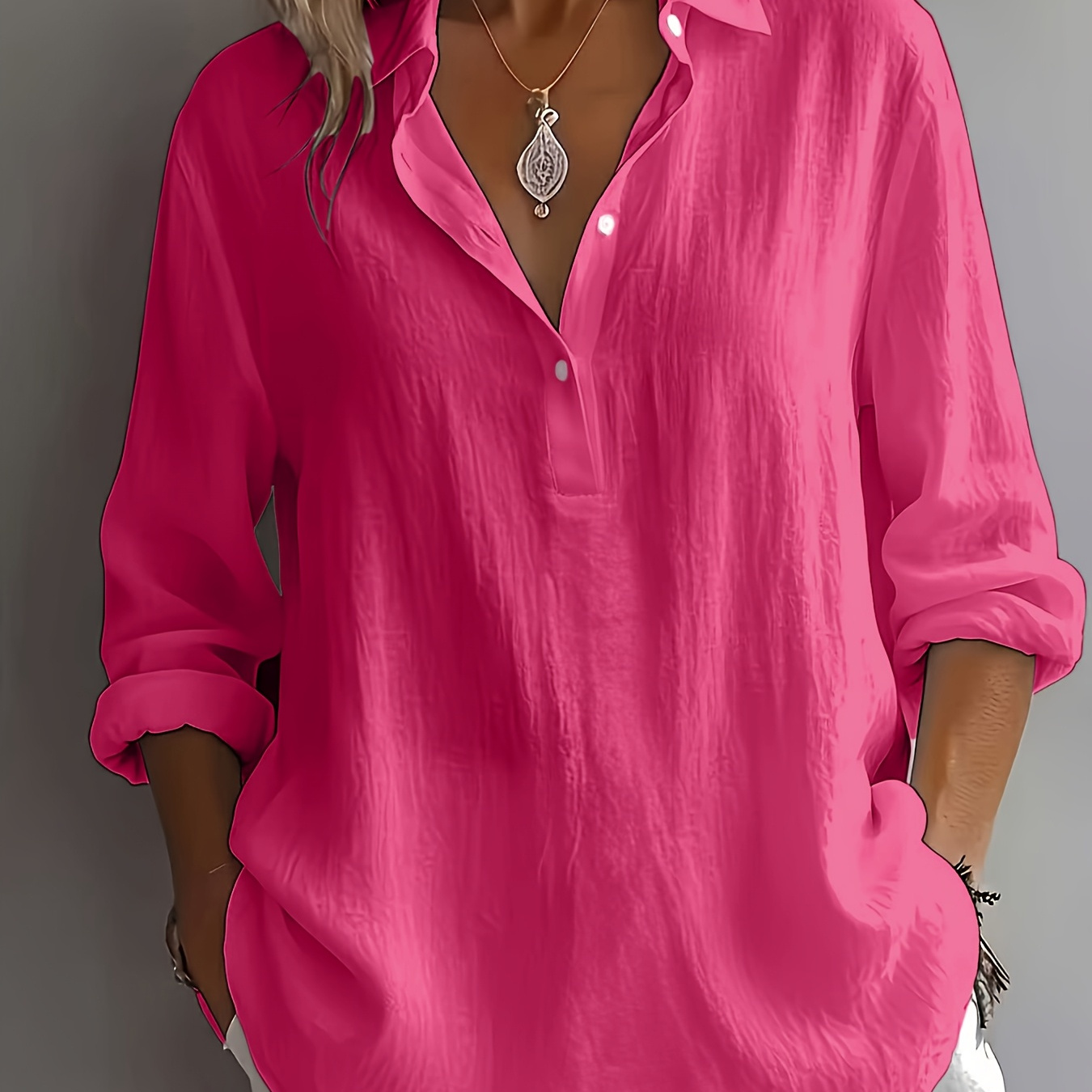 Plus Size - Multi-Color Available, New Stunning Elegant Directional Semi-Open Collar Long Sleeve Loose All-Match Women'S Plus Size Shirt