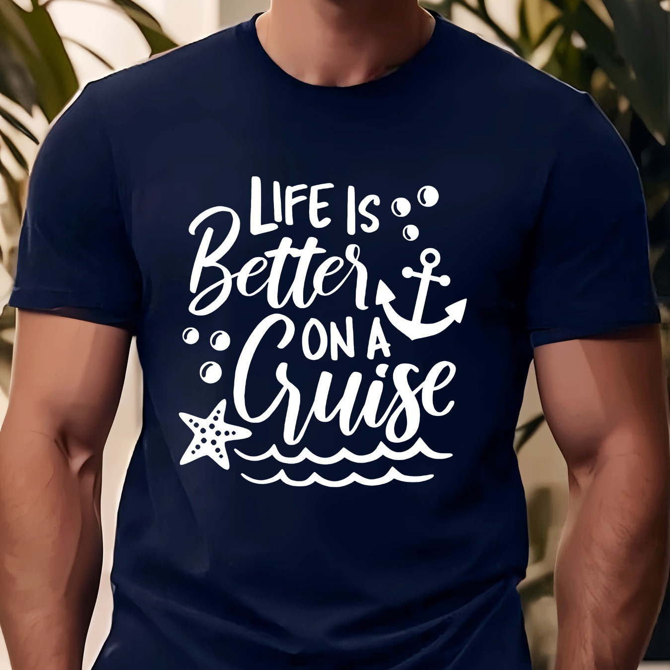

Life Is Better On A Cruise Creative Anchor, Starfish And Bubbles Design Print, Men's Casual Round Neck Short Sleeve T-shirt, Versatile Outdoor Comfy Top For Summer