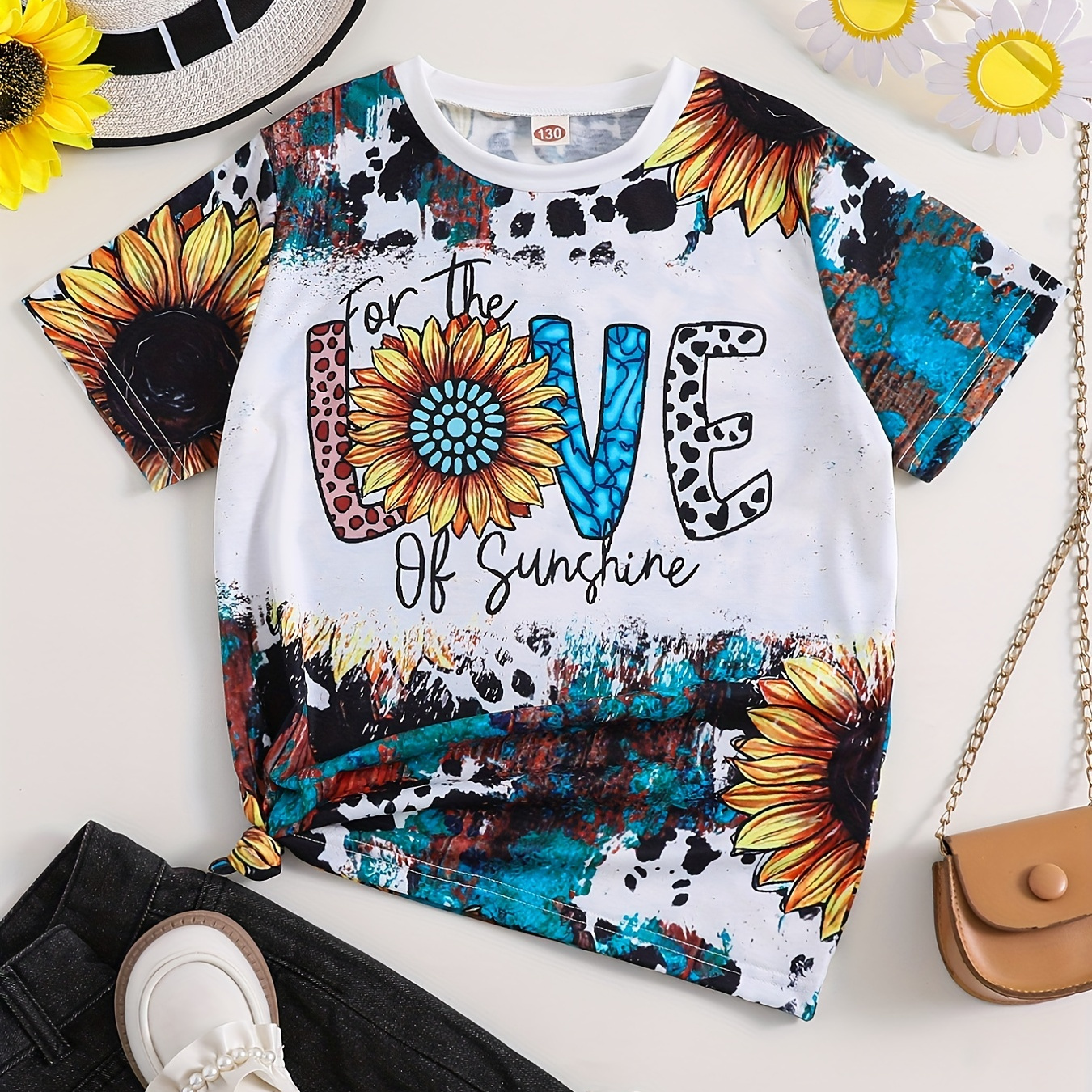 Girls Letter "LOVE" And Sunflower Leopard Graphic T-Shirt Casual Round Neck Tees Top Teen Kids Summer Clothes