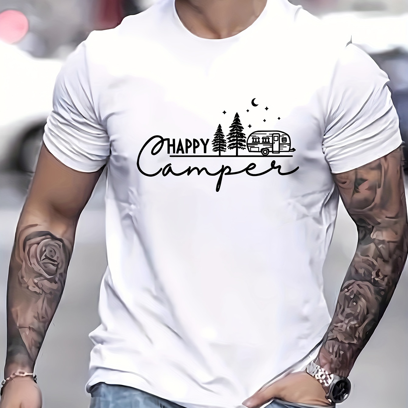 

Happy Camp Pattern Print Men's Creative Top, Casual Short Sleeve Crew Neck T-shirt, Men's Clothing For Summer Outdoor
