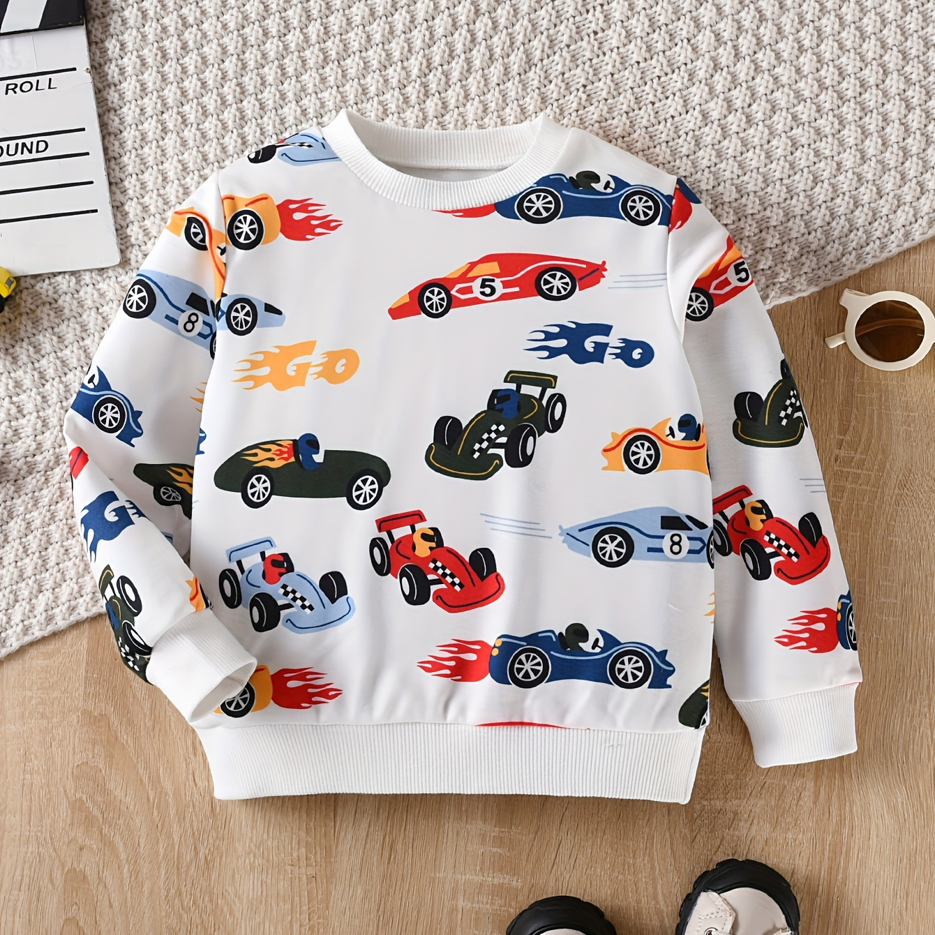 

Cartoon Racing Car Print Thick Sweatshirt For Boys - Casual Creative Design With Stretch Fabric For Comfortable Autumn/winter Wear