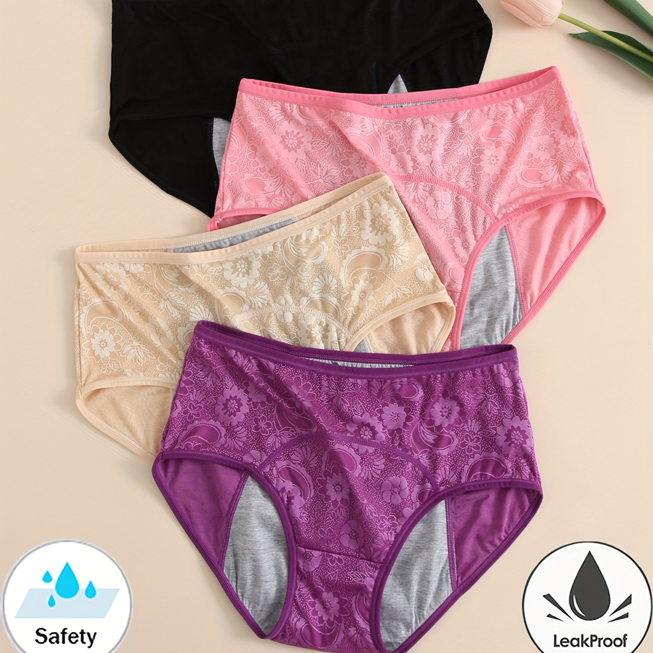 

[4pcs High Waist Panties] 4- Size Women's High Waist Panties, Floral Embroidery, Leakproof, 3-layer Thickened Absorbent, Stretchy Nylon Knit Underwear, Simple Solid Color, Fit