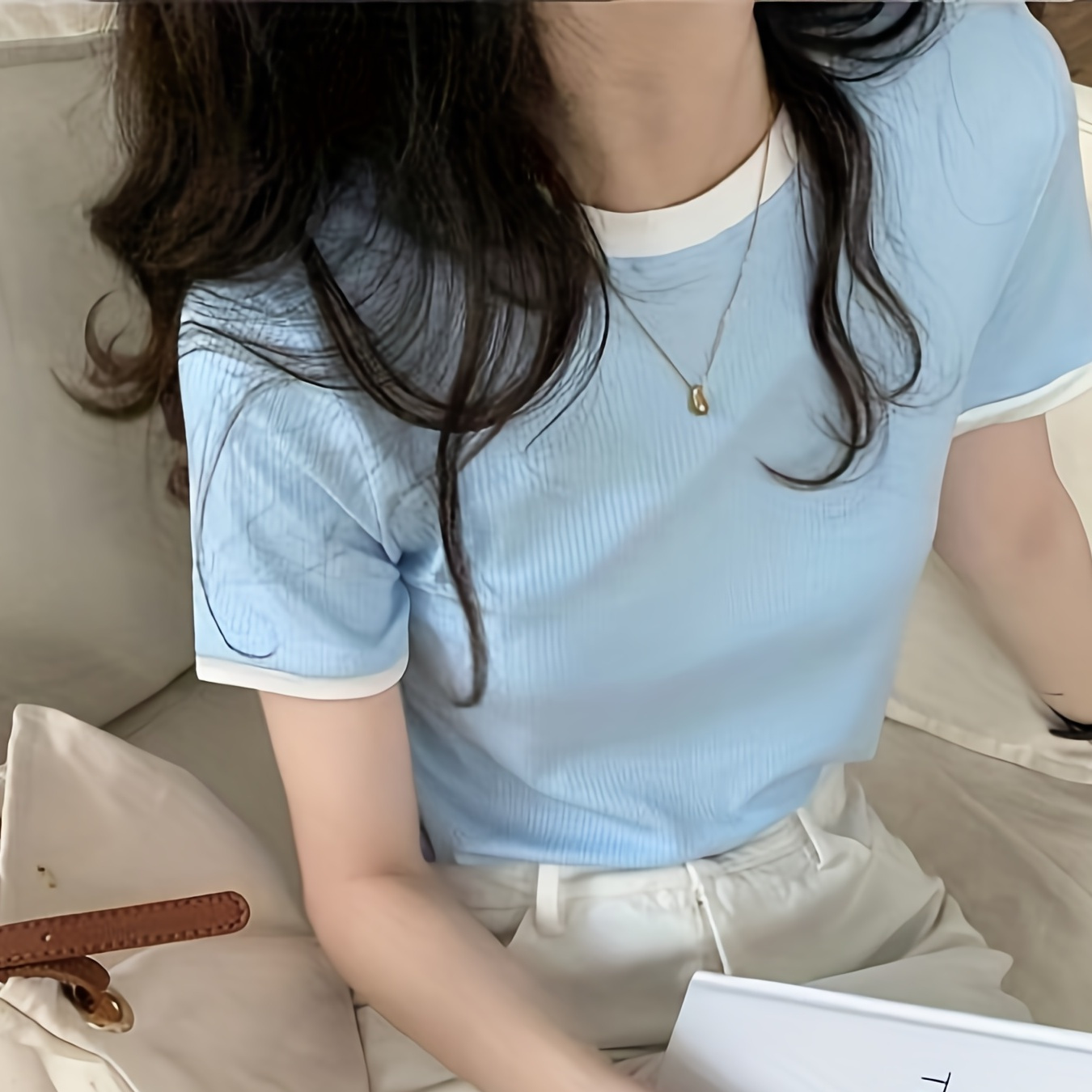 

Women's Casual Crew Neck Short Sleeve T-shirt, 100% Polyester Knit Fabric, Light Blue With White Trim, Regular Length Pullover For Summer, Ladies T Shirts