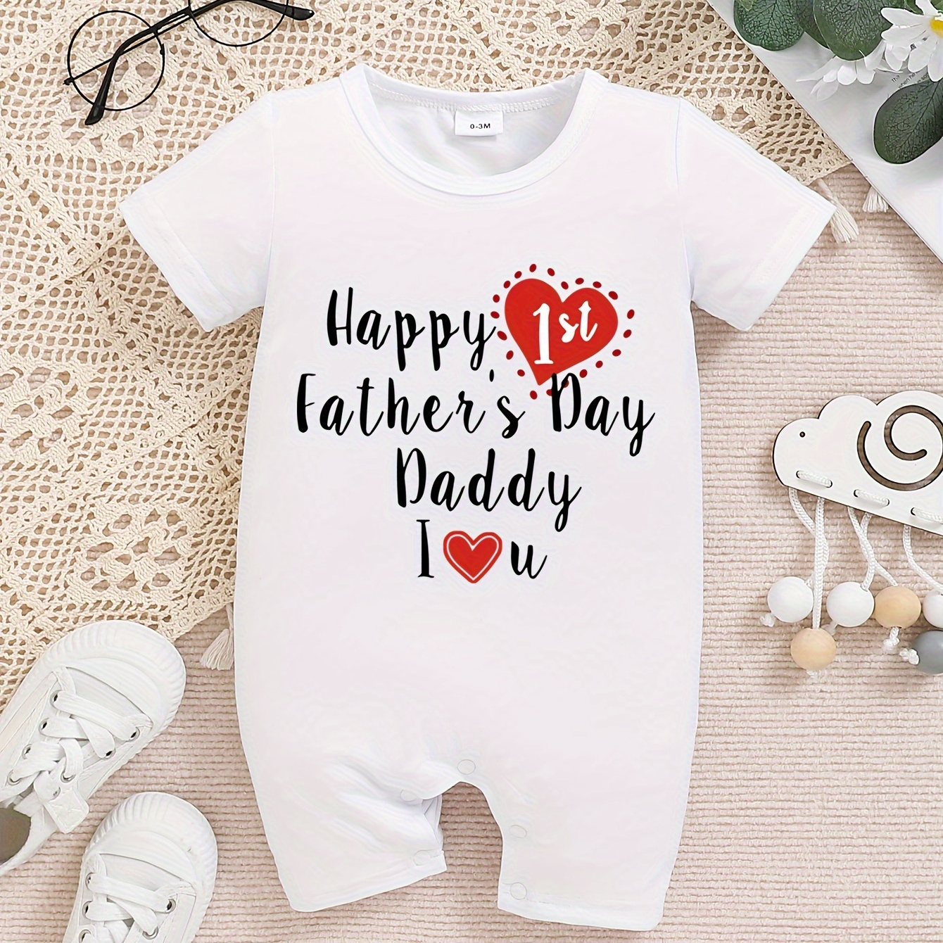 

Infant's "happy First Father's Day" Print Bodysuit, Casual Short Sleeve Romper, Baby Boy's Clothing