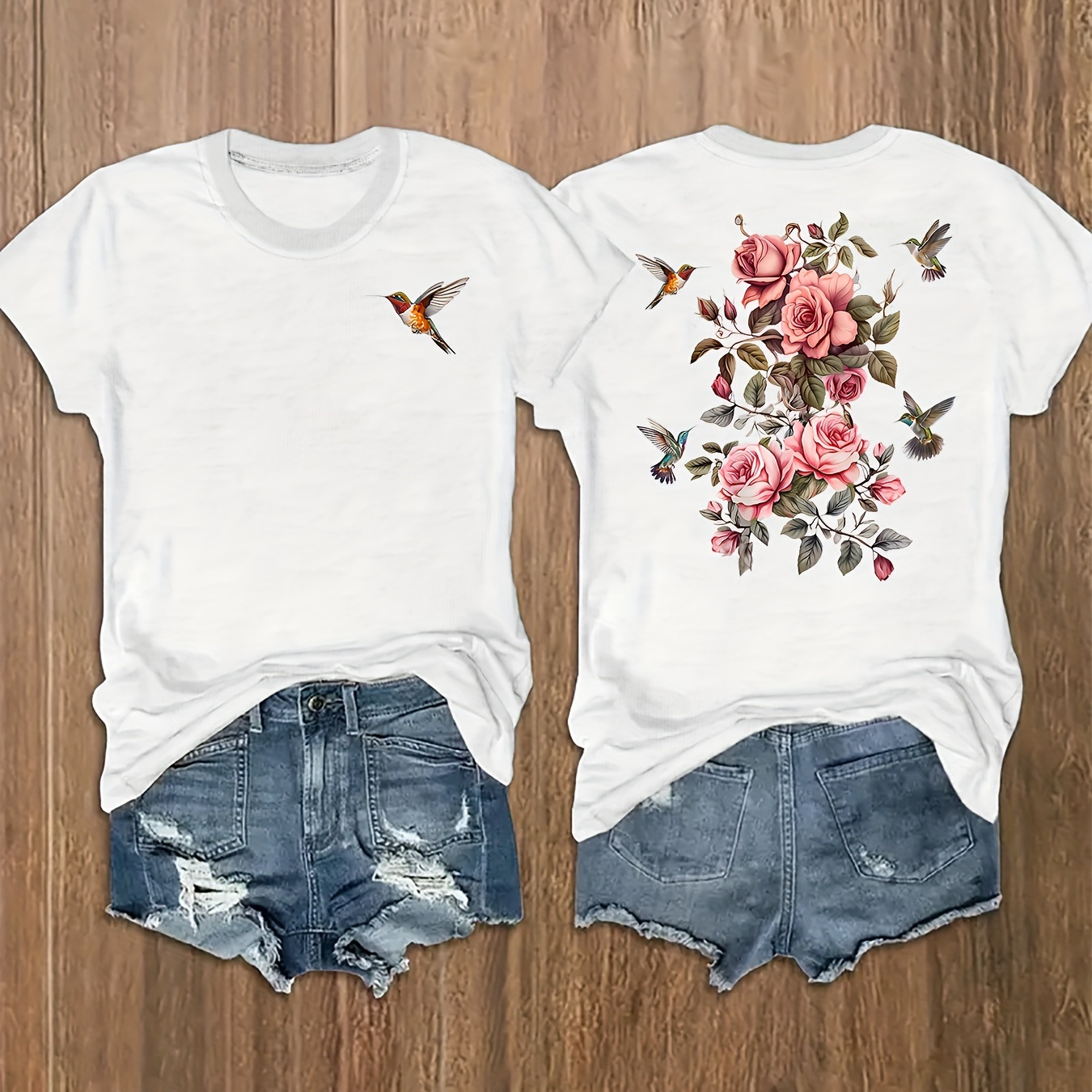 

Bird Floral Print T-shirt, Short Sleeve Crew Neck Casual Top For Summer & Spring, Women's Clothing