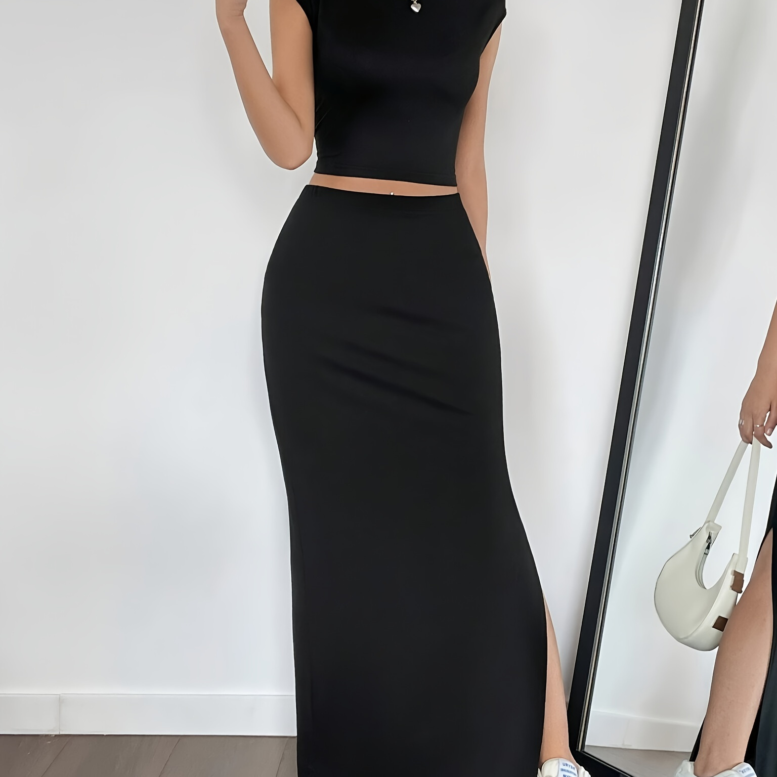 

Backless Crop Solid Color Elegant Set, Crop Cap Sleeve Crew Neck Top & High Waist Slit Bodycon Maxi Skirt, Women's Clothing