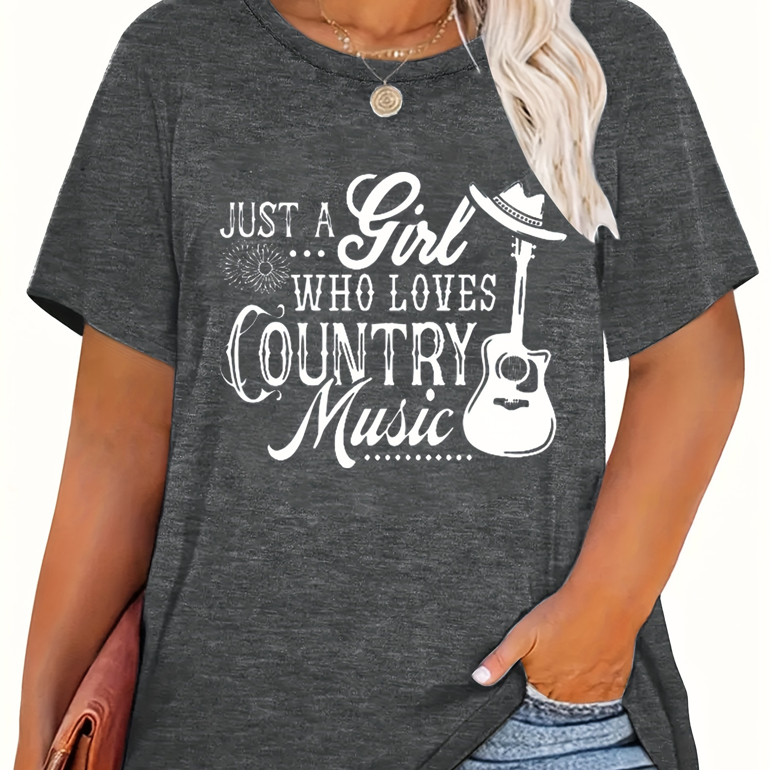 

Plus Size Country Music Print T-shirt, Casual Short Sleeve Crew Neck Top For Spring & Summer, Women's Plus Size Clothing