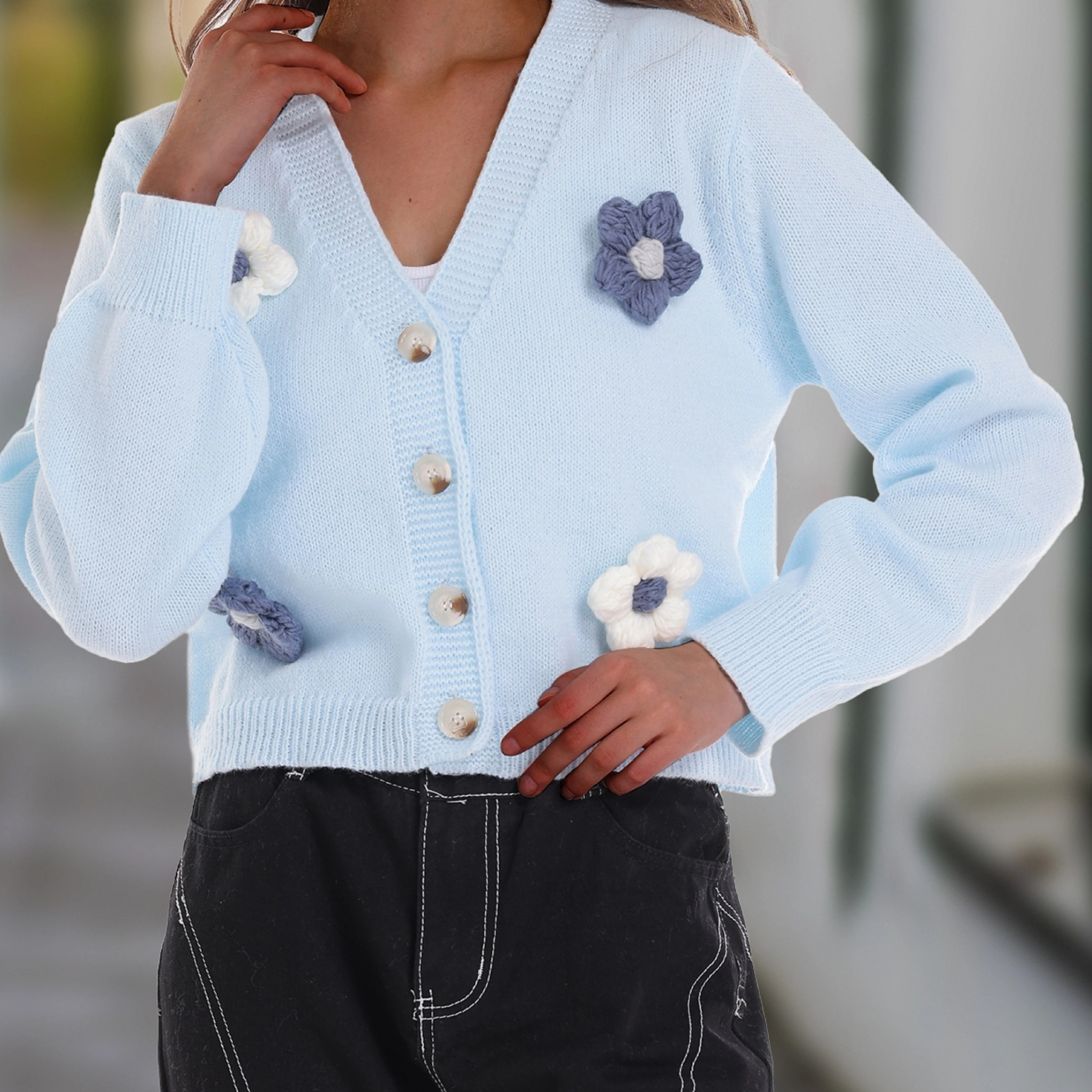 Floral Pattern Button Knit Cardigan Cute V Neck Long Sleeve - Temu