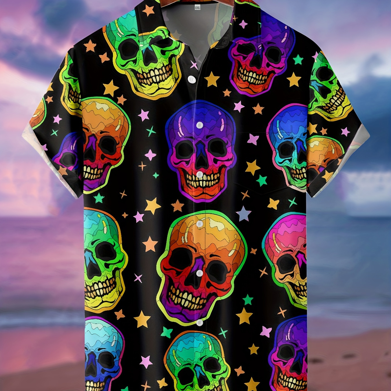 Plus Size Men's Halloween Skulls Print Shirt For Summer, Ovesized Short Sleeve Shirt For Males, Men's Clothing