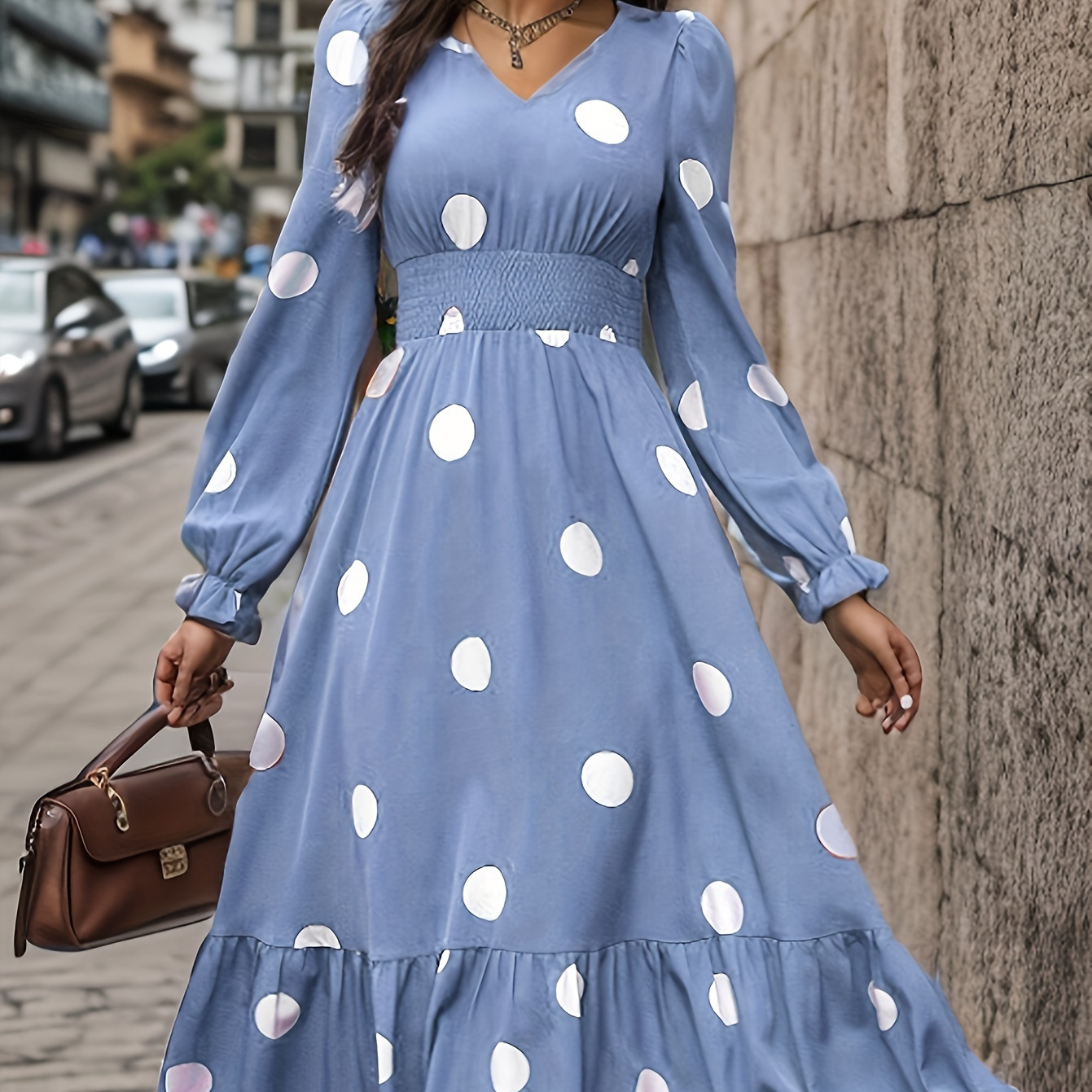 

Polka-dot Print Shirred Waist Dress, Vintage Long Sleeve V-neck Ruffle Hem Dress For Spring & Fall, Women's Clothing