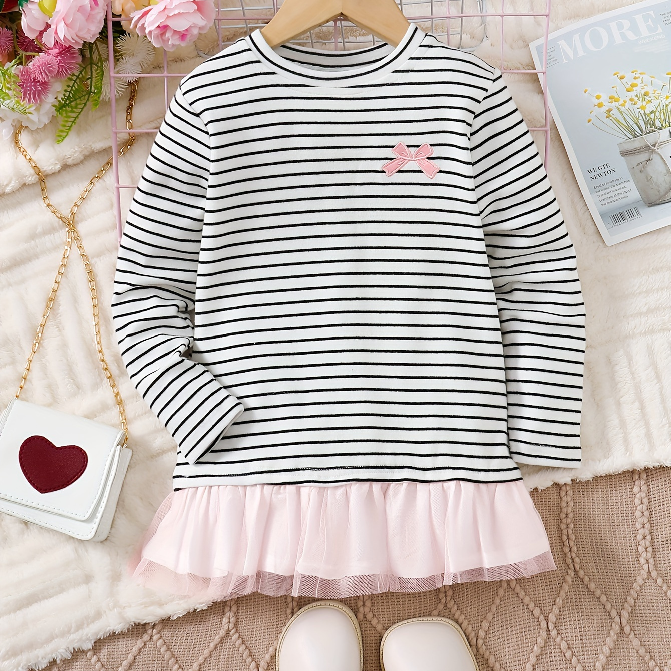 

Comfy 95% Cotton Splicing Bow Decor Mesh Hem Long Sleeve T-shirt Top Pullover