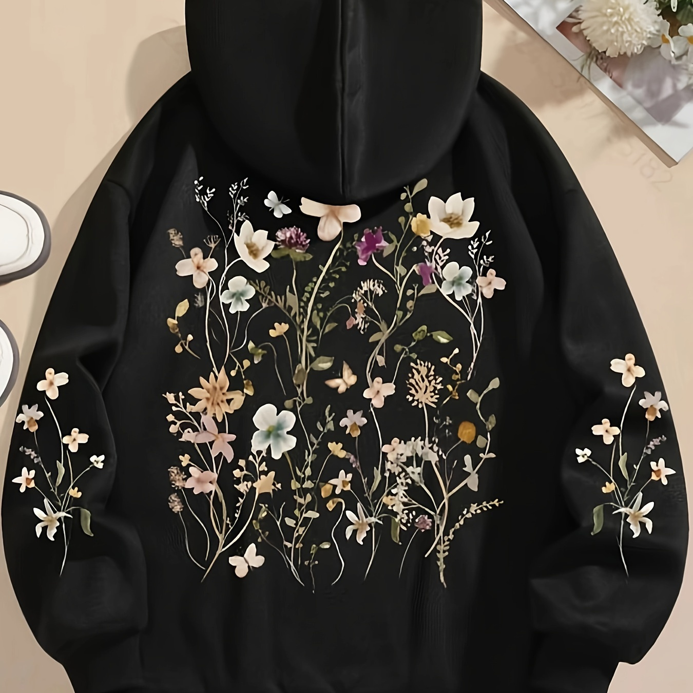 

Floral Print Drawstring Hoodie, Casual Long Sleeve Drop Shoulder Hoodie, Women's Clothing