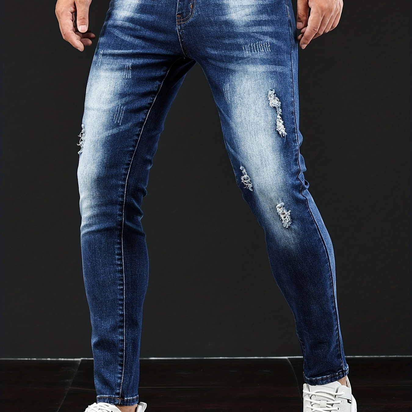 

Slim Fit Ripped Jeans, Men's Casual Street Style Distressed Medium Stretch Denim Pants