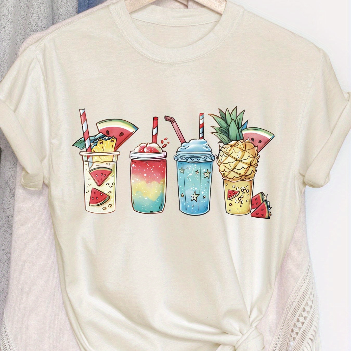 

Drinks Print T-shirt, Short Sleeve Crew Neck Casual Top For Summer & Spring, Women's Clothing