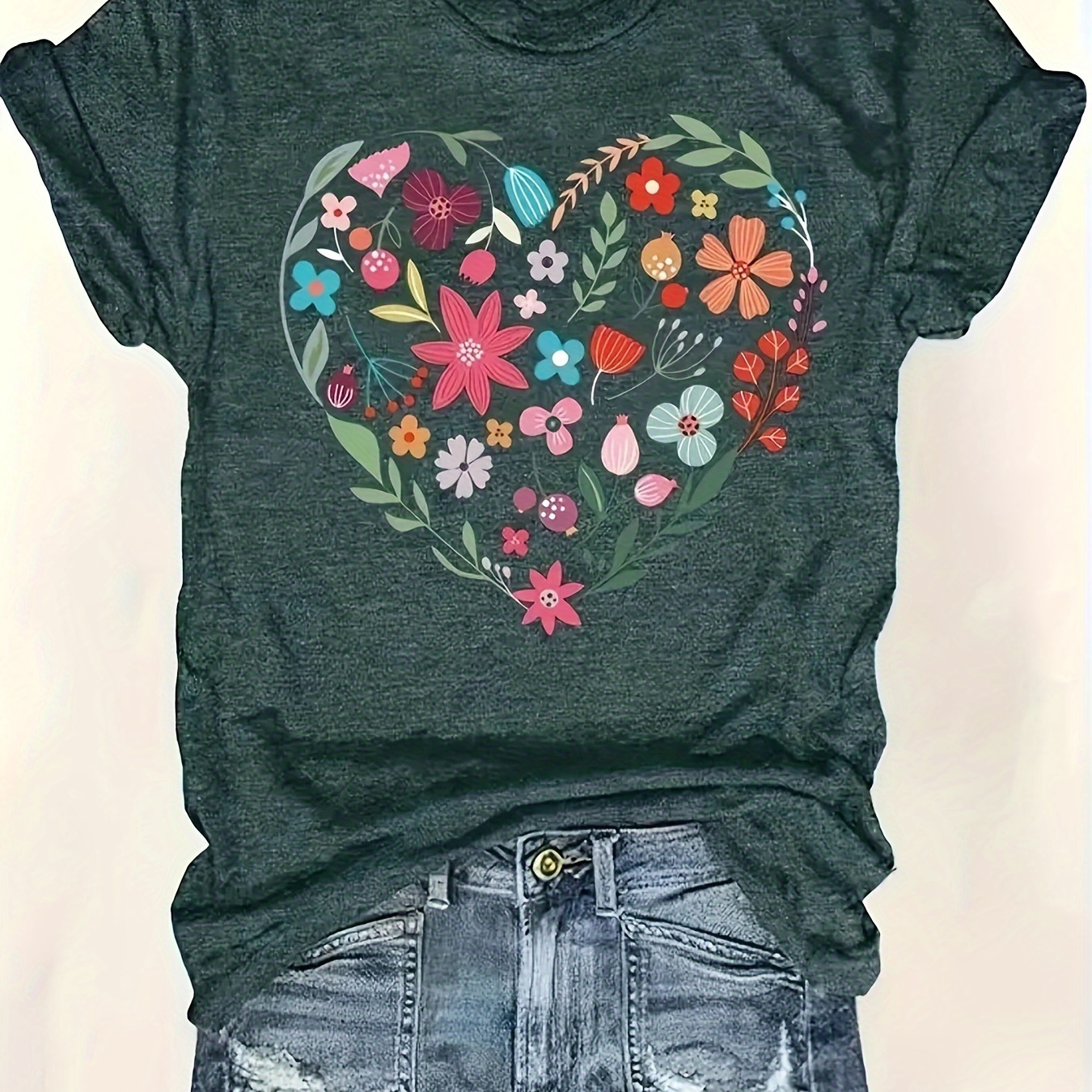 

Floral Print Crew Neck T-shirt, Short Sleeve Casual Top For Spring & Summer, Women's Clothing