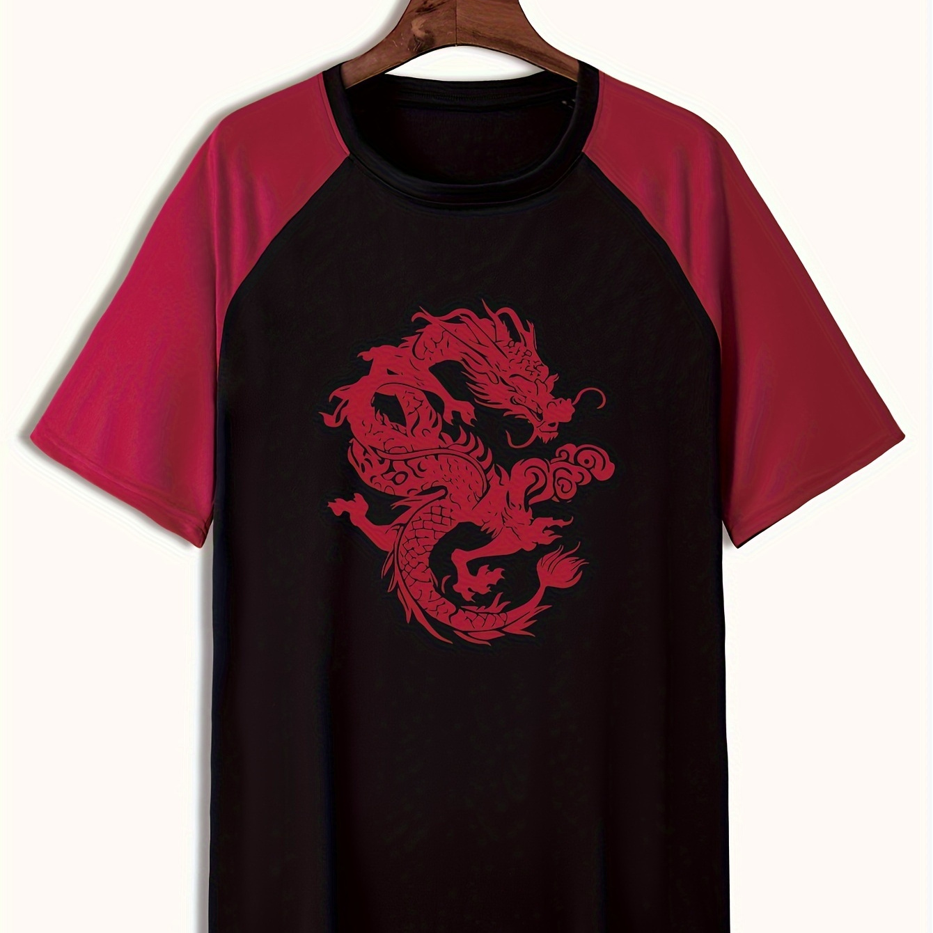 

Plus Size T-shirt For Men, Dragon Graphic Print Raglan Tees For Summer, Men's Clothing Outdoor