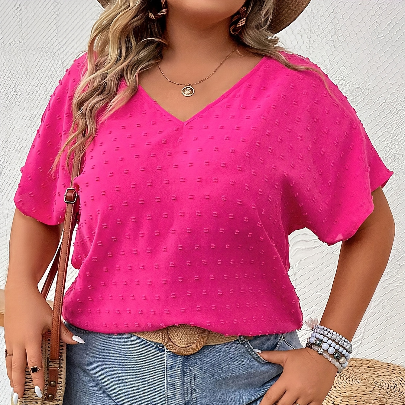 

Plus Size Pompom Solid Blouse, Casual V Neck Short Sleeve Blouse For Spring, Women's Plus Size clothing